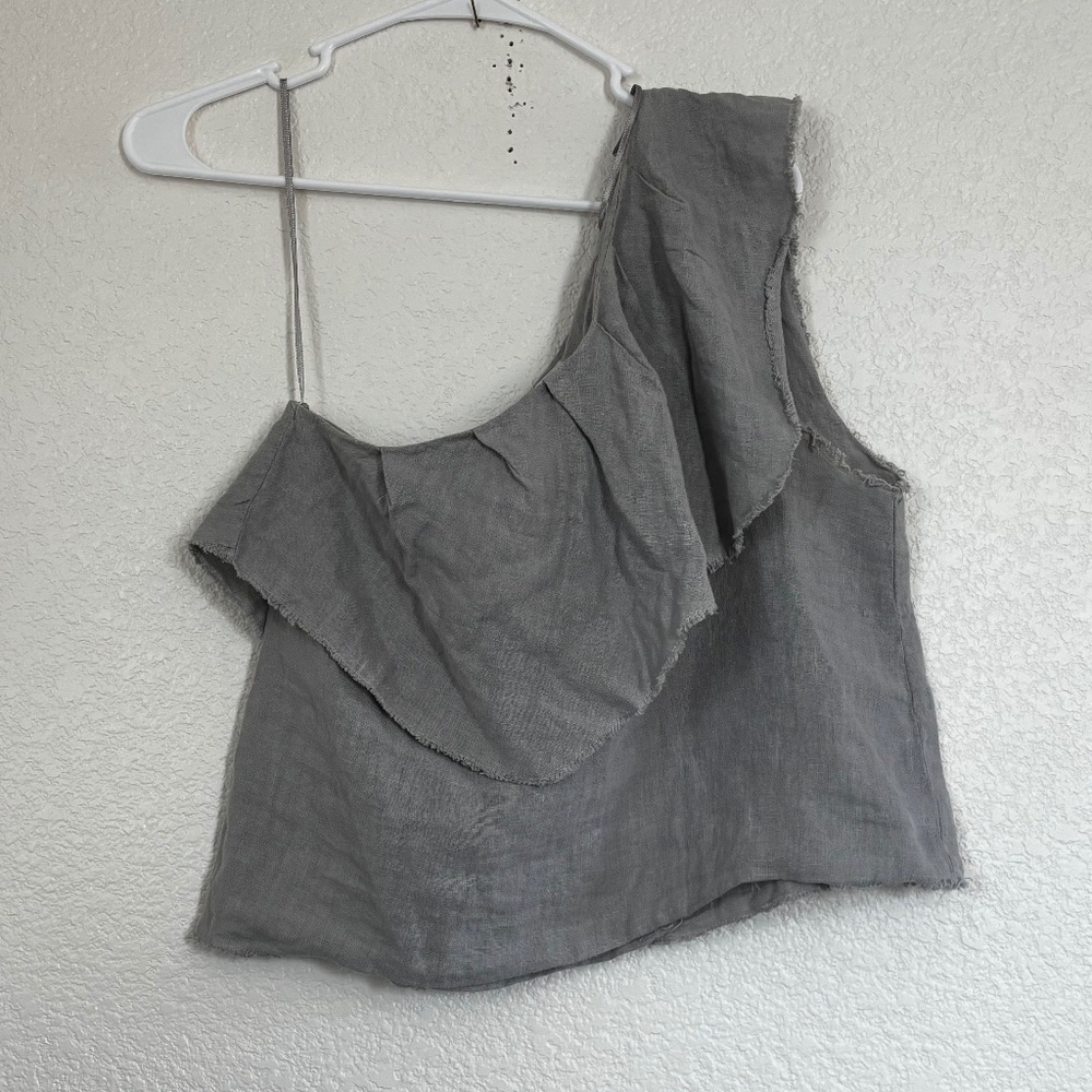 ZARA The Luisa Linen one shouldered top in light grey with unfinished hem Small